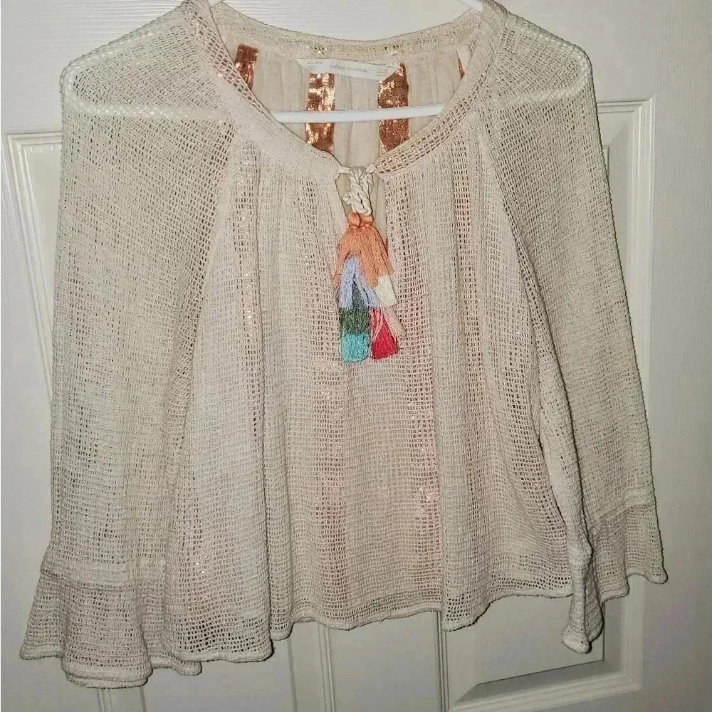 Zara Trafaluc Tassel Tie Neck Boho Peasant Small Bell Sleeve Mesh Top Blouse XS - Picture 4 of 10